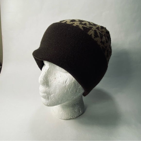 Michael Kors Knit Cuffed Beanie Foldover Hat Tan Brown Logo Pattern - Picture 7 of 11